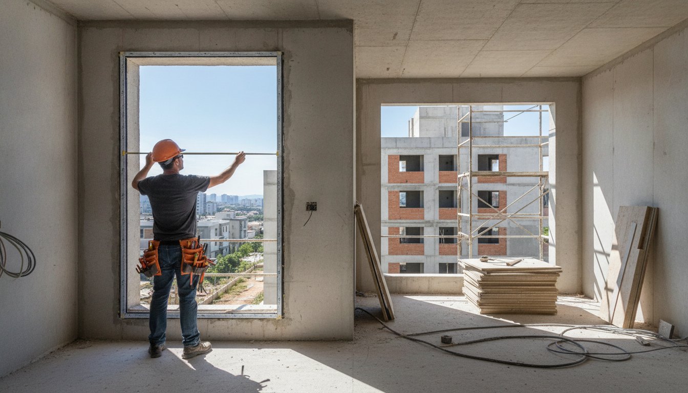Trabalhador da construção civil medindo o vão de uma janela em um apartamento em obras.