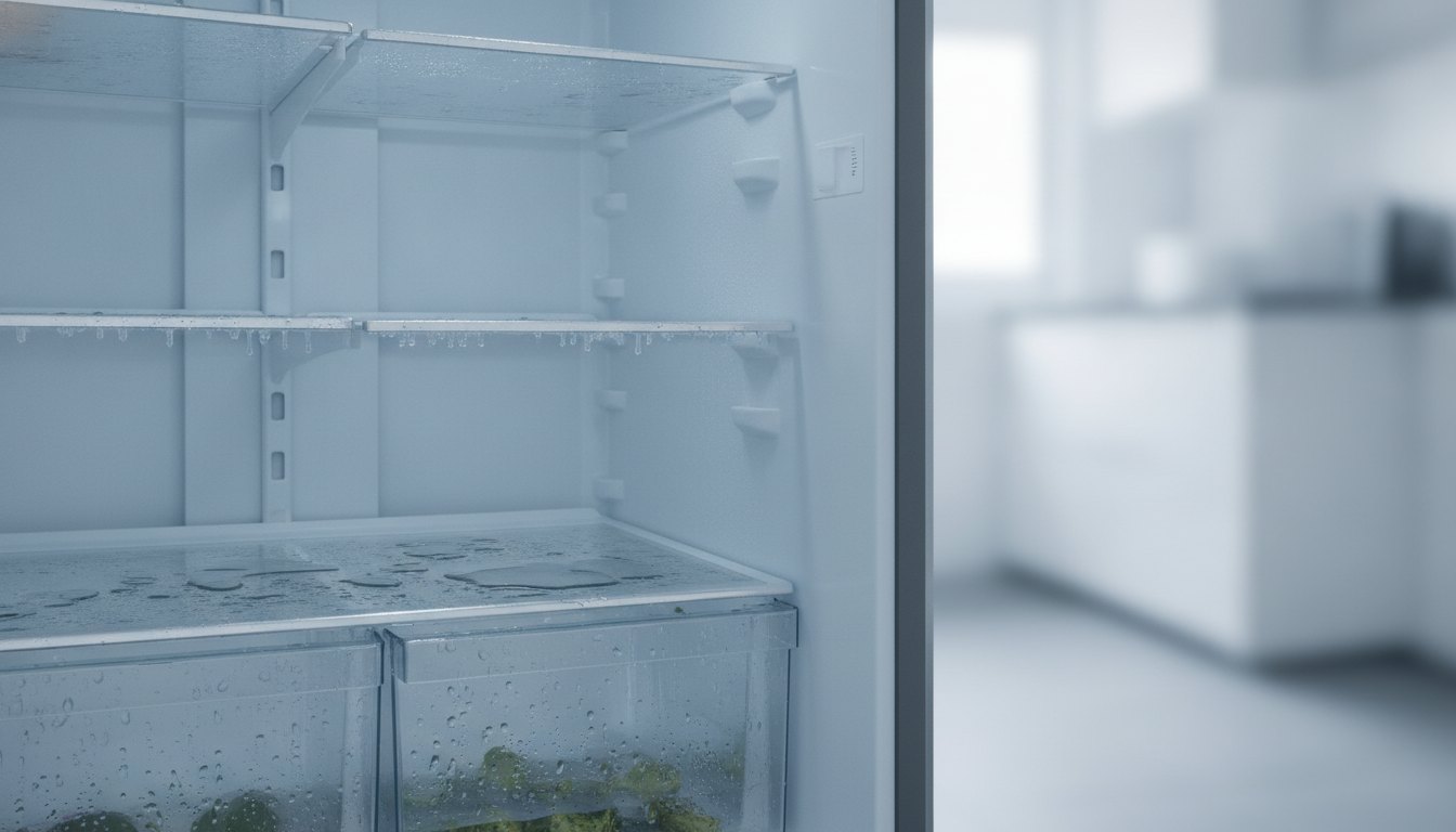 Geladeira aberta com acúmulo de água nas prateleiras inferiores e gavetas de legumes.