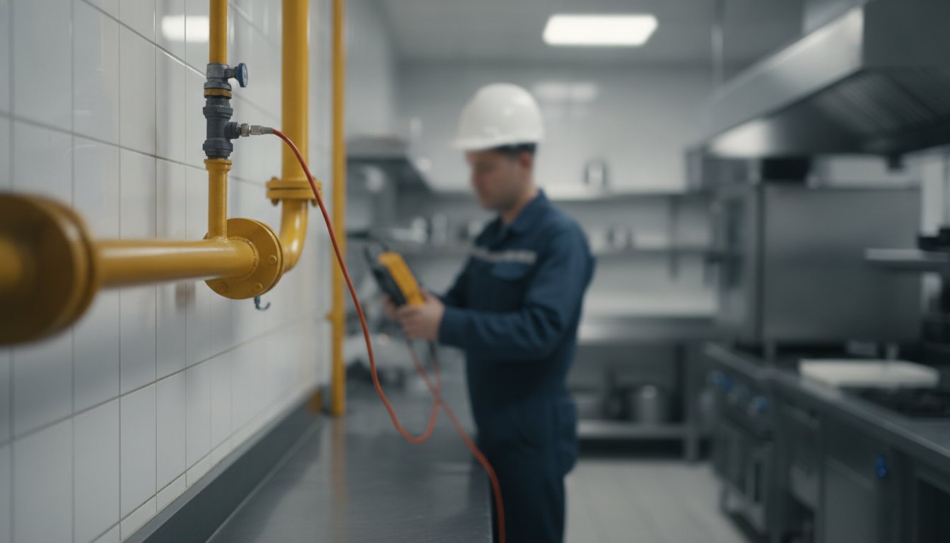 Trabalhador com capacete de proteção utiliza equipamento de medição em tubulação amarela de restaurante.