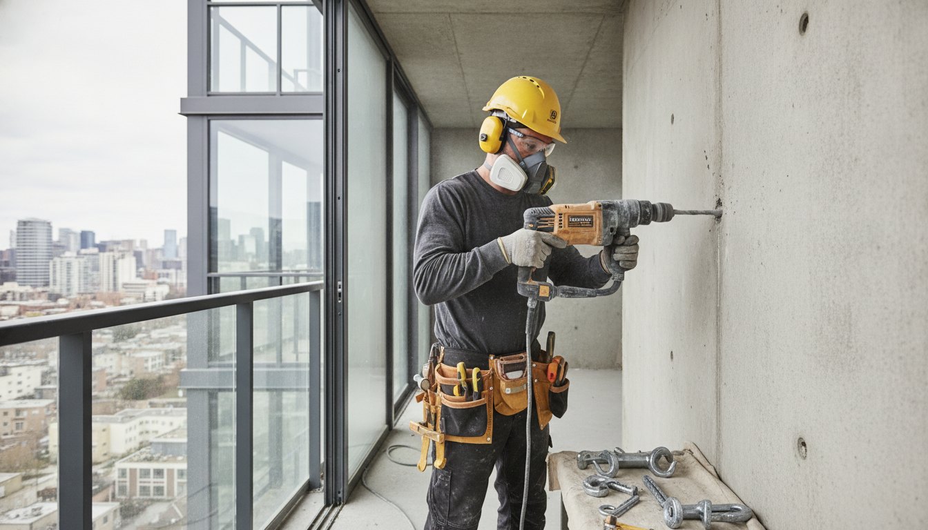 Profissional com equipamento de segurança perfura parede de varanda para instalar ganchos metálicos.