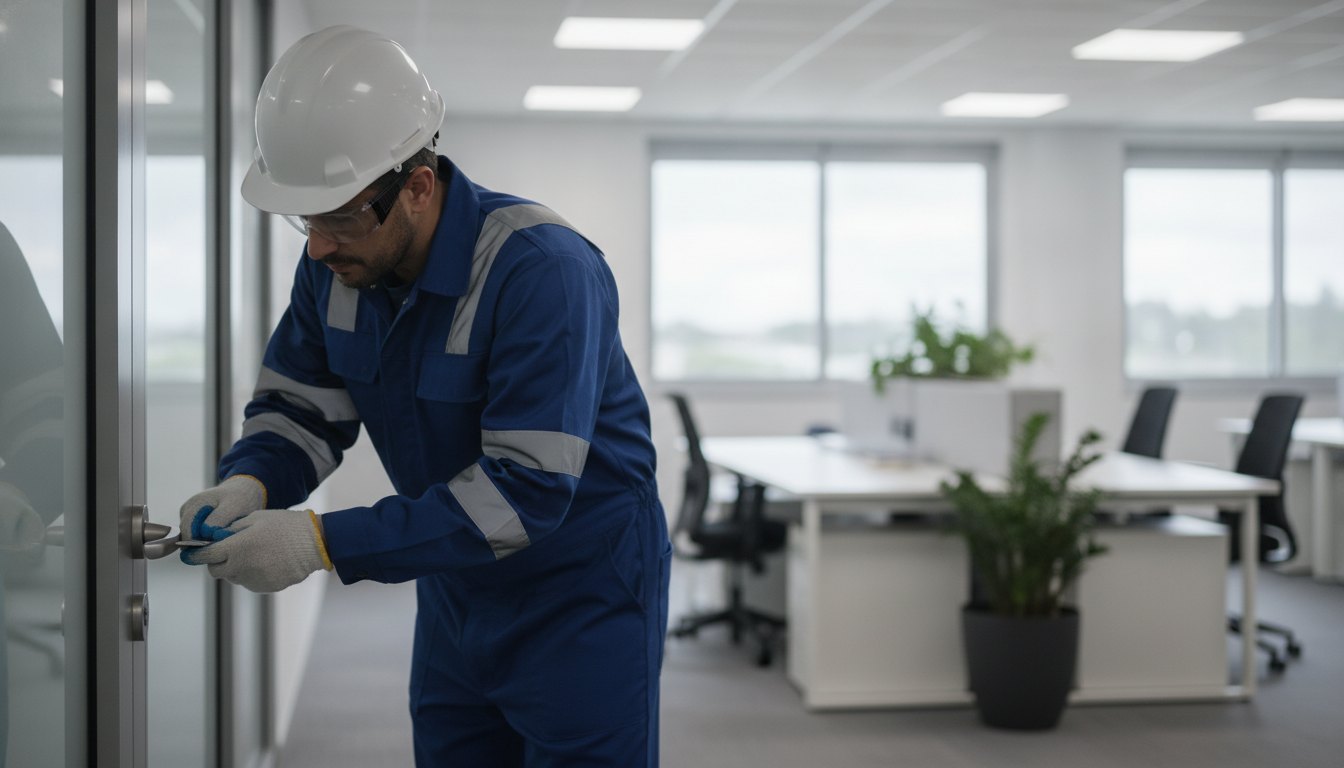 Técnico com equipamento de proteção individual inspeciona o batente de uma porta em ambiente comercial.