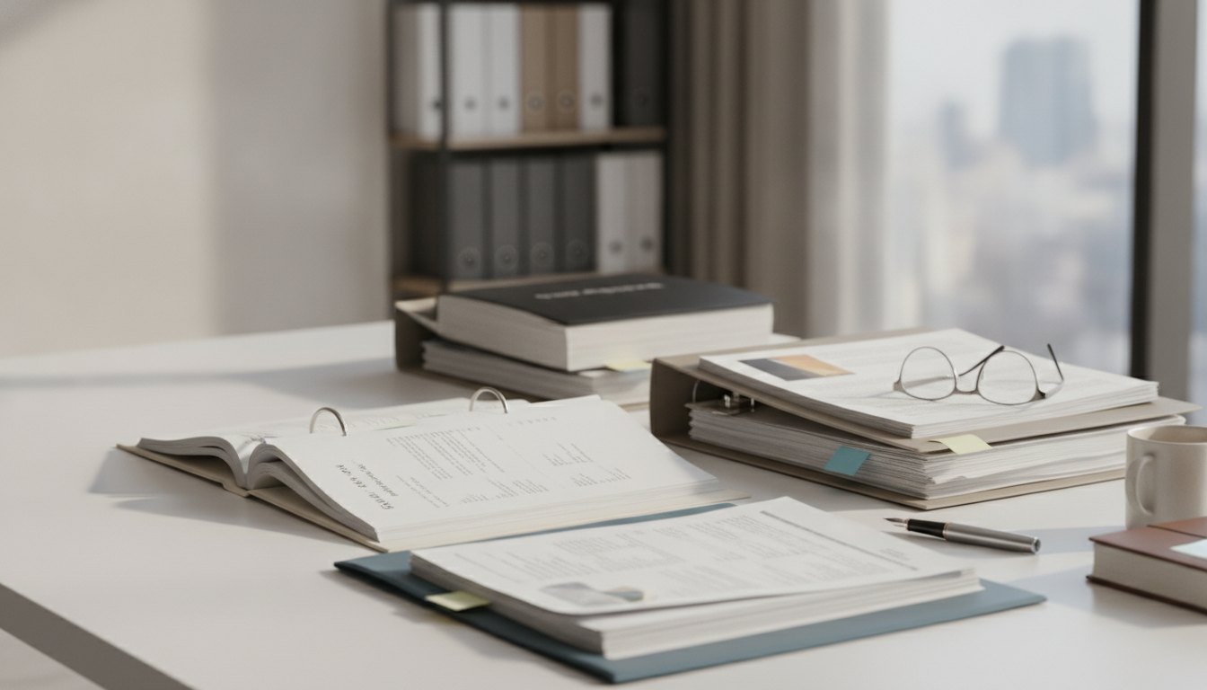 Advogado analisando documentos e processos sobre uma mesa de escritório.