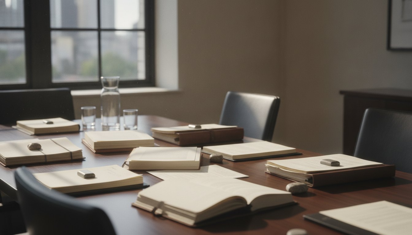 Profissionais reunidos em uma sala de reuniões com documentos sobre a mesa.