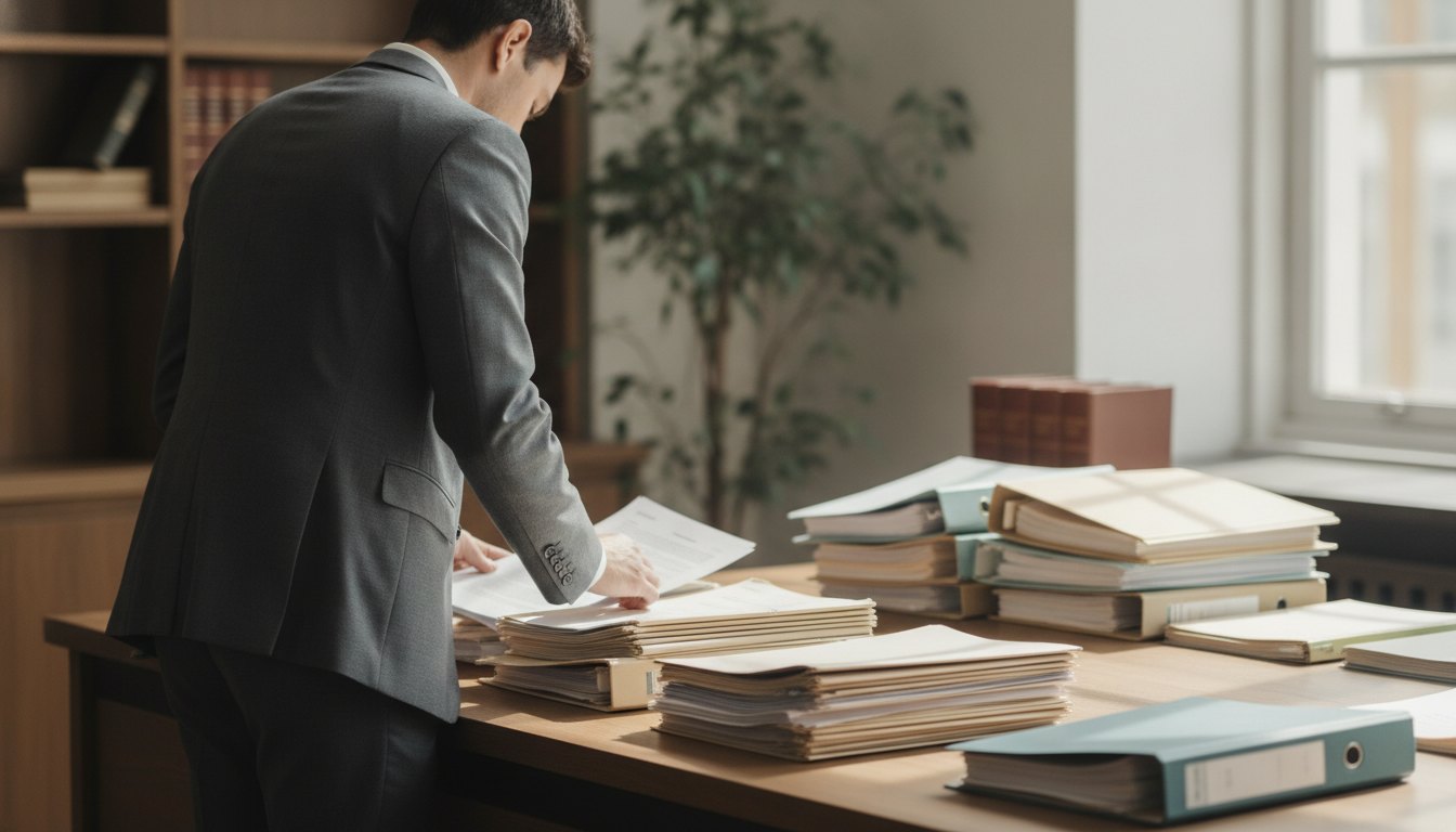Profissional de terno analisa documentos em um escritório com pastas organizadas sobre a mesa.