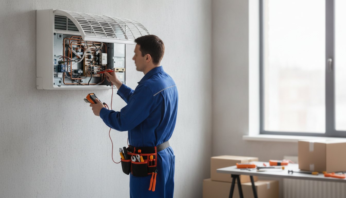 Técnico com uniforme e ferramentas inspecionando o painel de um aparelho de ar-condicionado na parede.