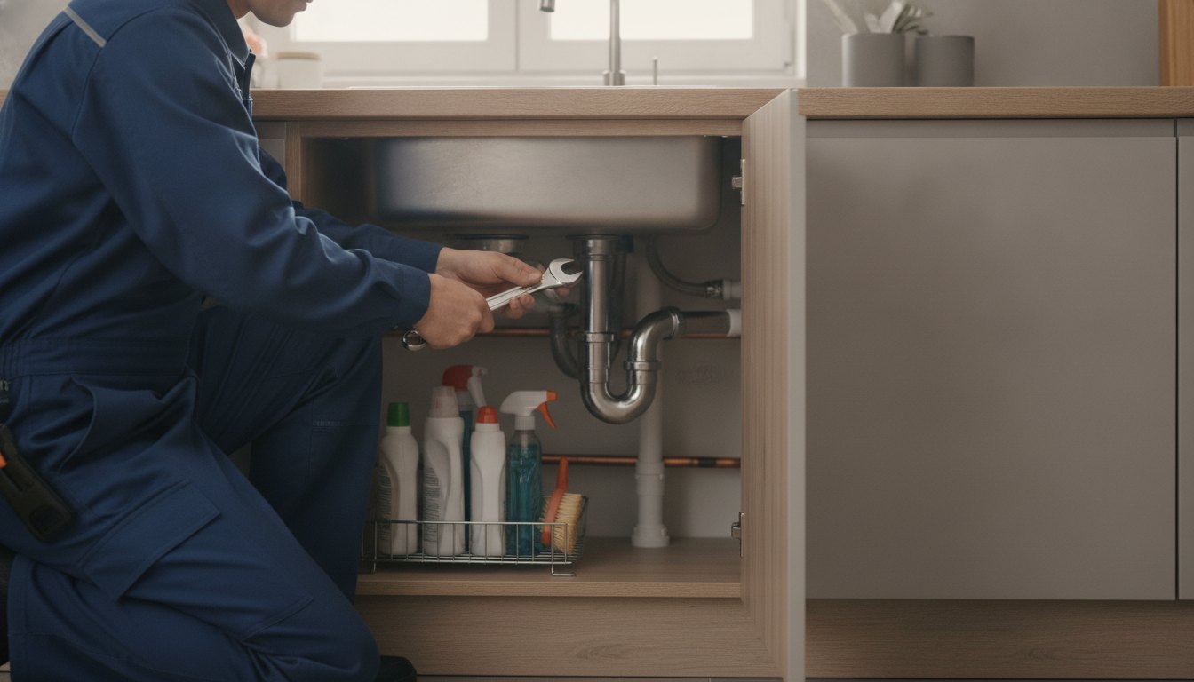 Profissional com uniforme de trabalho ajusta o encanamento debaixo de uma pia de cozinha.