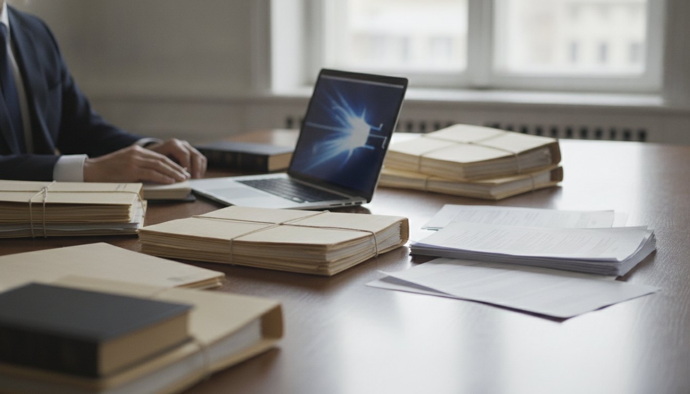 Profissional de terno analisando documentos em uma mesa de escritório com pastas e um notebook aberto.