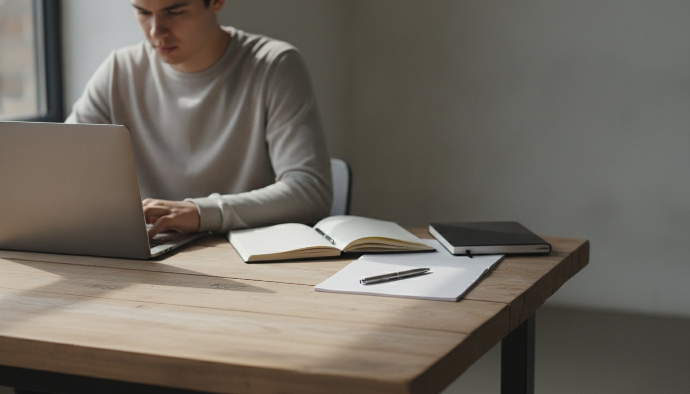 Jovem focado digitando em um notebook sobre uma mesa de madeira com cadernos ao lado.