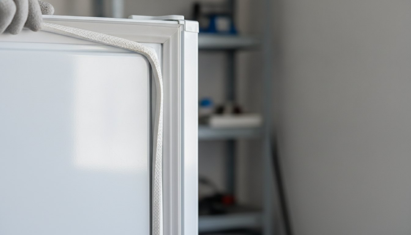 Técnico inspeciona a borracha de vedação da porta de uma geladeira branca.