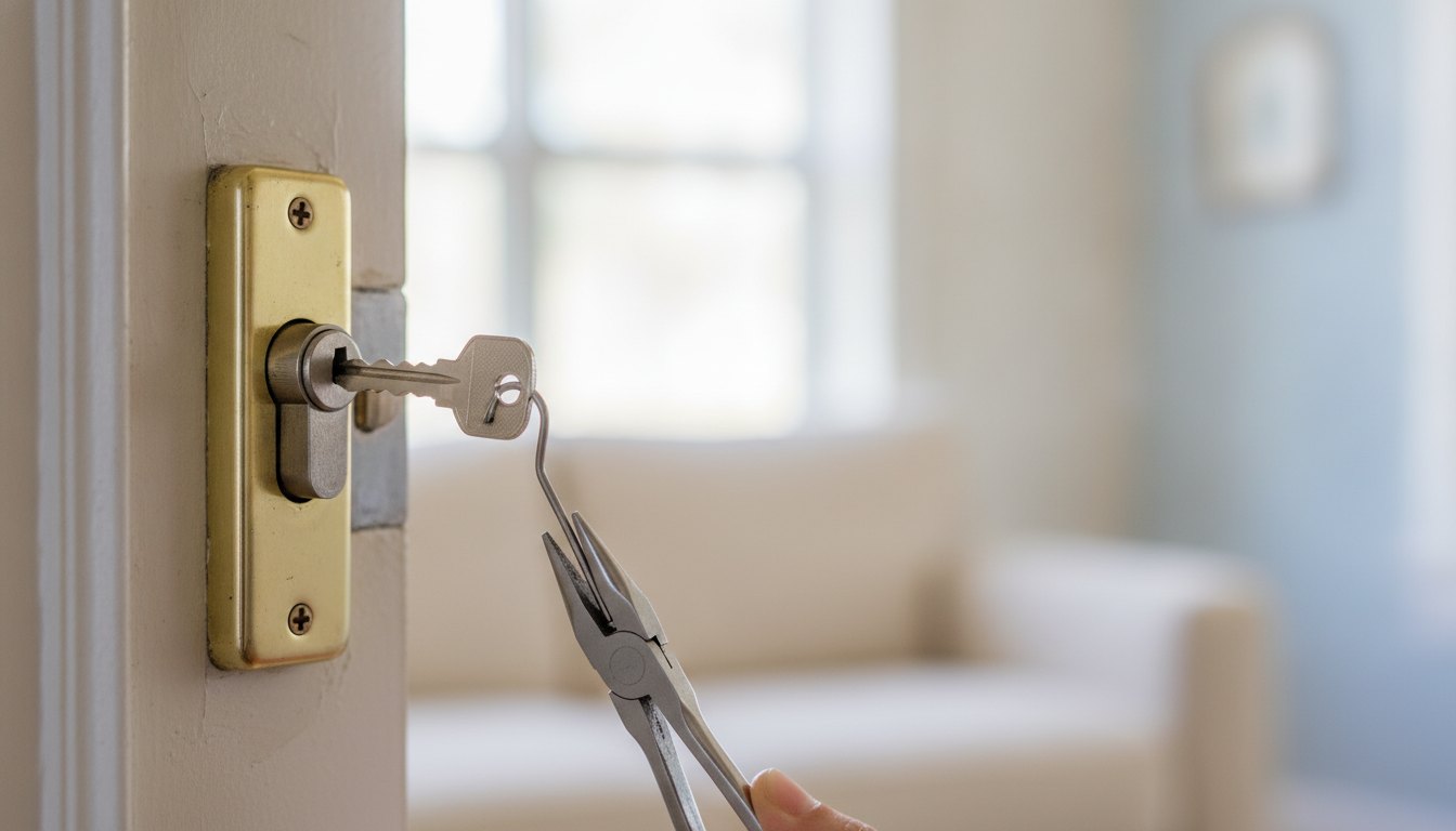 Profissional utiliza ferramentas específicas para extrair um pedaço de chave quebrado dentro da fechadura residencial.