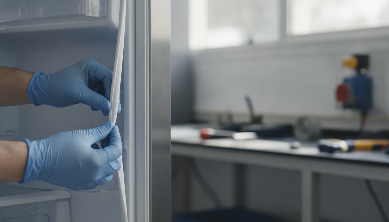 Técnico com luvas inspecionando a borracha de vedação da porta de uma geladeira aberta.