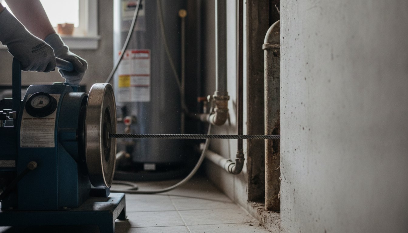 Profissional com luvas operando uma máquina de desentupimento em uma tubulação residencial.