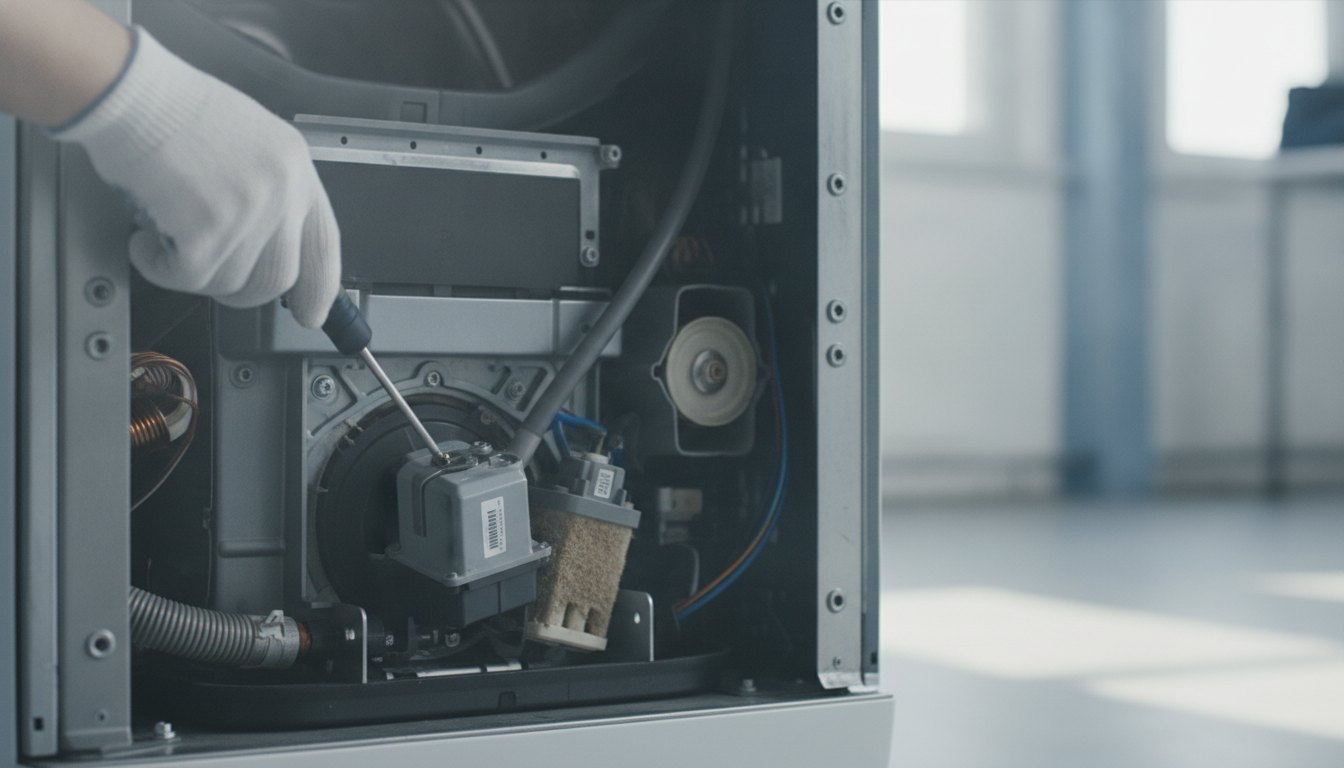 Técnico inspecionando a bomba de drenagem na parte inferior de uma máquina de lavar aberta.