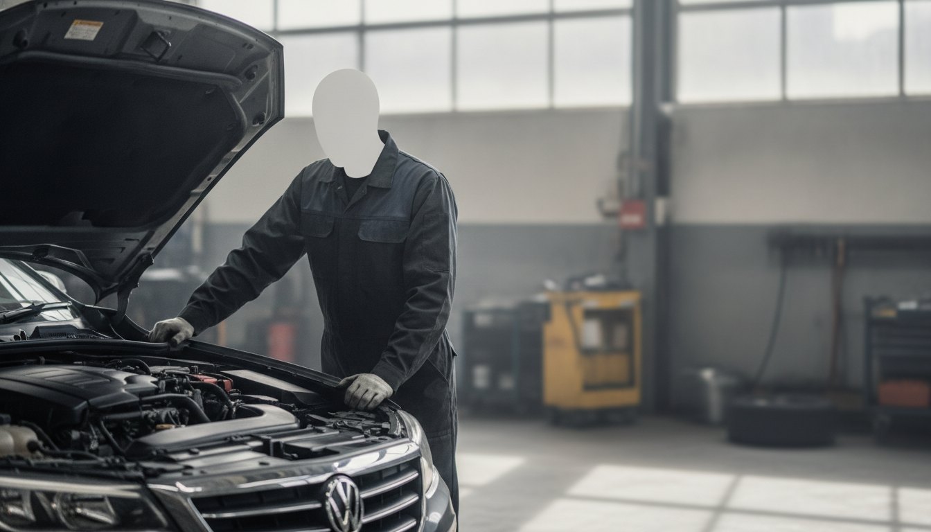 Mecânico de uniforme avaliando o motor de um carro com o capô aberto dentro da oficina.