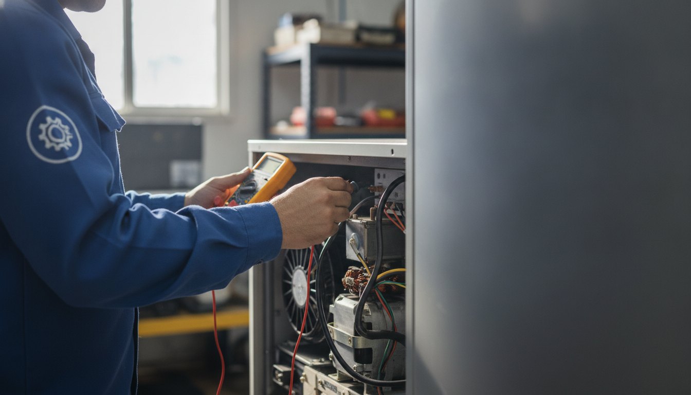 Profissional de uniforme azul testando o motor de um refrigerador com um multímetro digital.