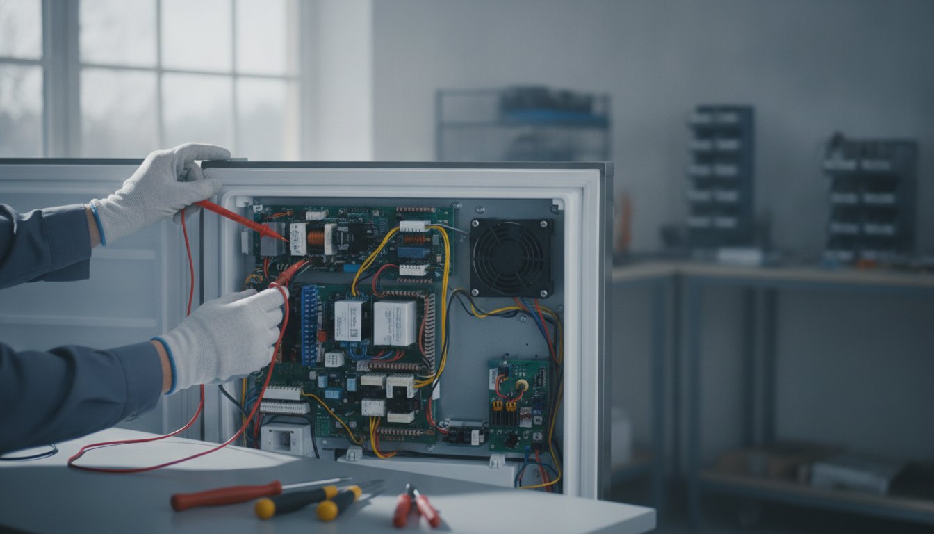Técnico com luvas e ferramentas testando o painel elétrico interno de uma geladeira aberta.