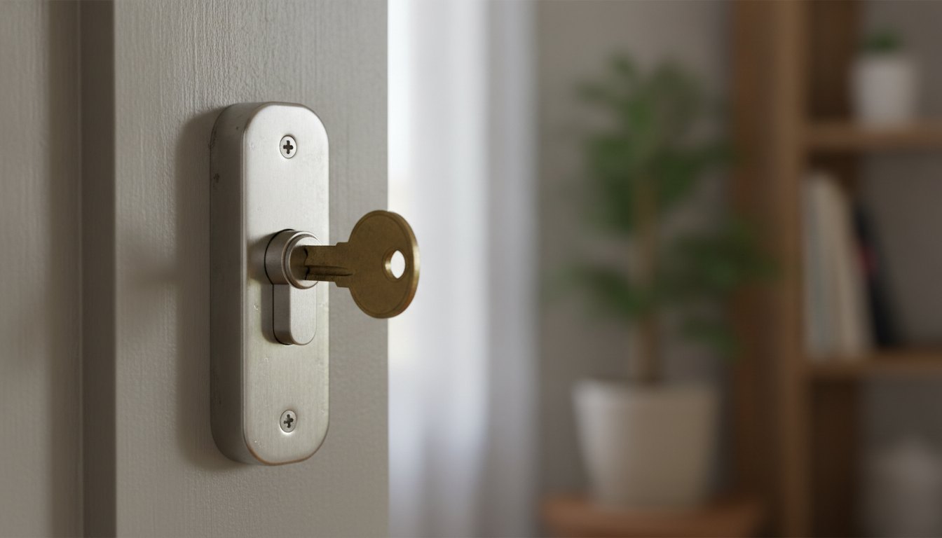 Fechadura metálica de porta residencial com chave parcialmente inserida no cilindro, vista de perto.