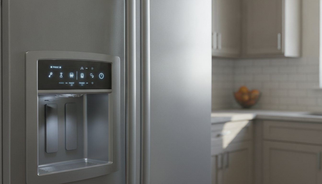 Painel digital de uma geladeira moderna exibindo luzes de controle e botões de toque.