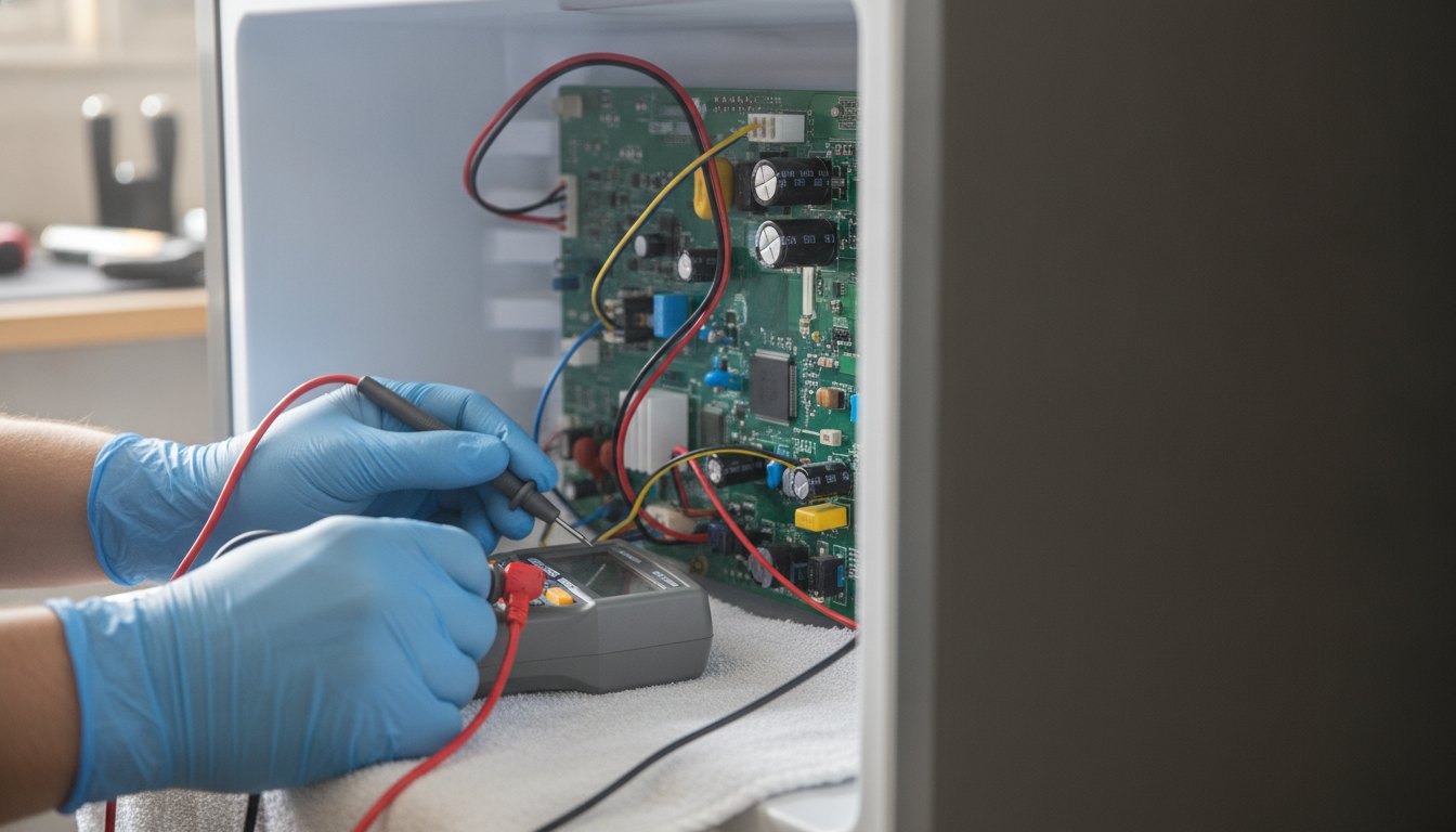 Técnico com luvas testando o painel de controle interno de uma geladeira utilizando um multímetro.