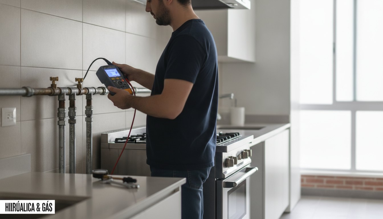 Técnico com equipamento de medição inspecionando tubulação metálica de gás em uma cozinha.