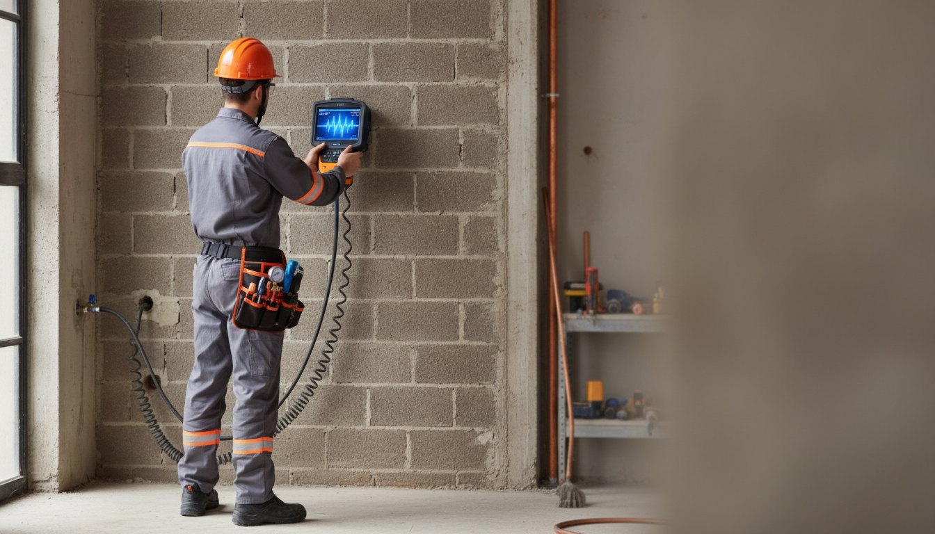 Profissional com uniforme de trabalho utilizando aparelho de detecção em parede de alvenaria.