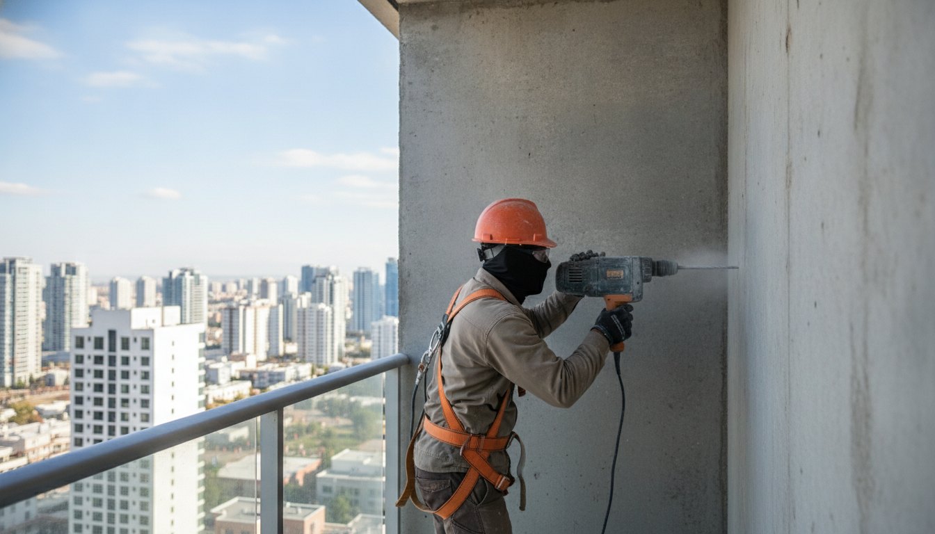 Profissional com cinto de segurança operando furadeira na parede externa de uma varanda de apartamento.