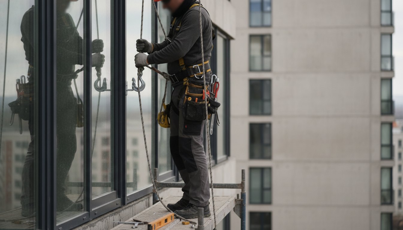 Profissional com equipamento de segurança ajustando ganchos de fixação em uma janela de apartamento.