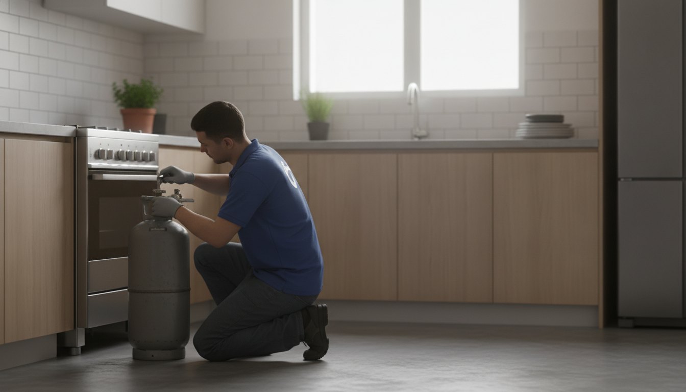 Técnico com uniforme inspecionando a válvula de um botijão de gás em uma cozinha.