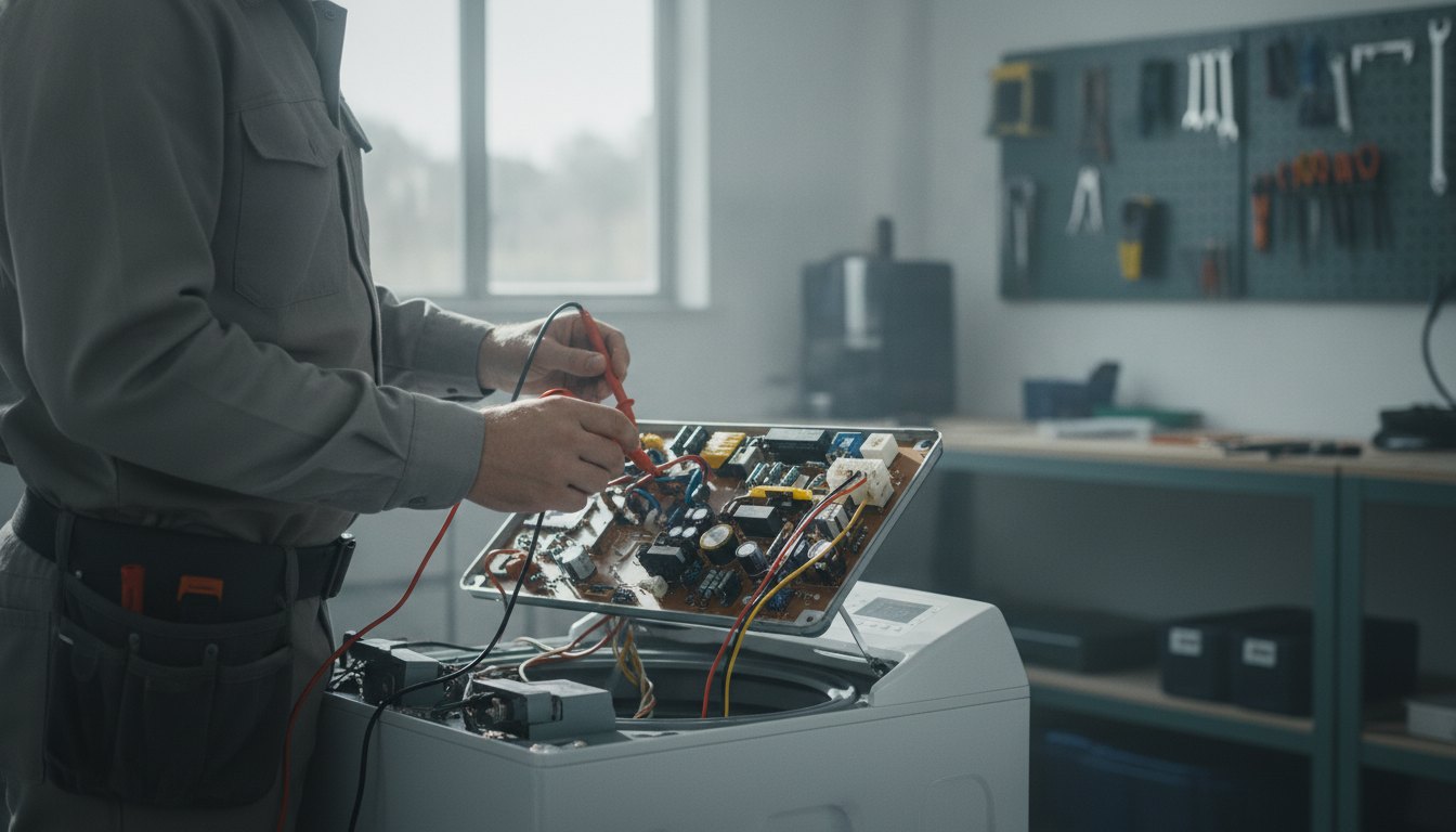 Profissional de uniforme inspecionando o painel de uma máquina de lavar aberta com um multímetro.
