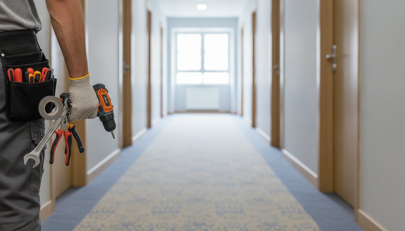 Profissional de manutenção segurando ferramentas em um corredor de condomínio residencial.