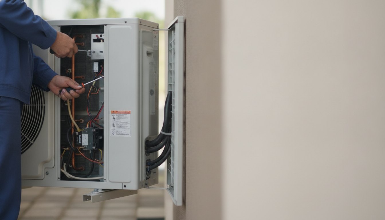 Técnico com uniforme de trabalho utilizando ferramentas manuais para inspecionar a unidade externa de um ar-condicionado.