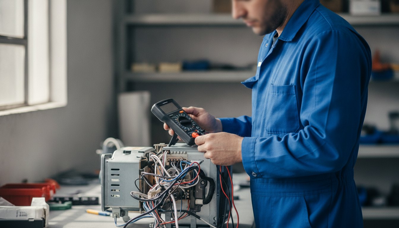 Técnico em uniforme azul medindo a tensão elétrica do motor de uma geladeira com multímetro