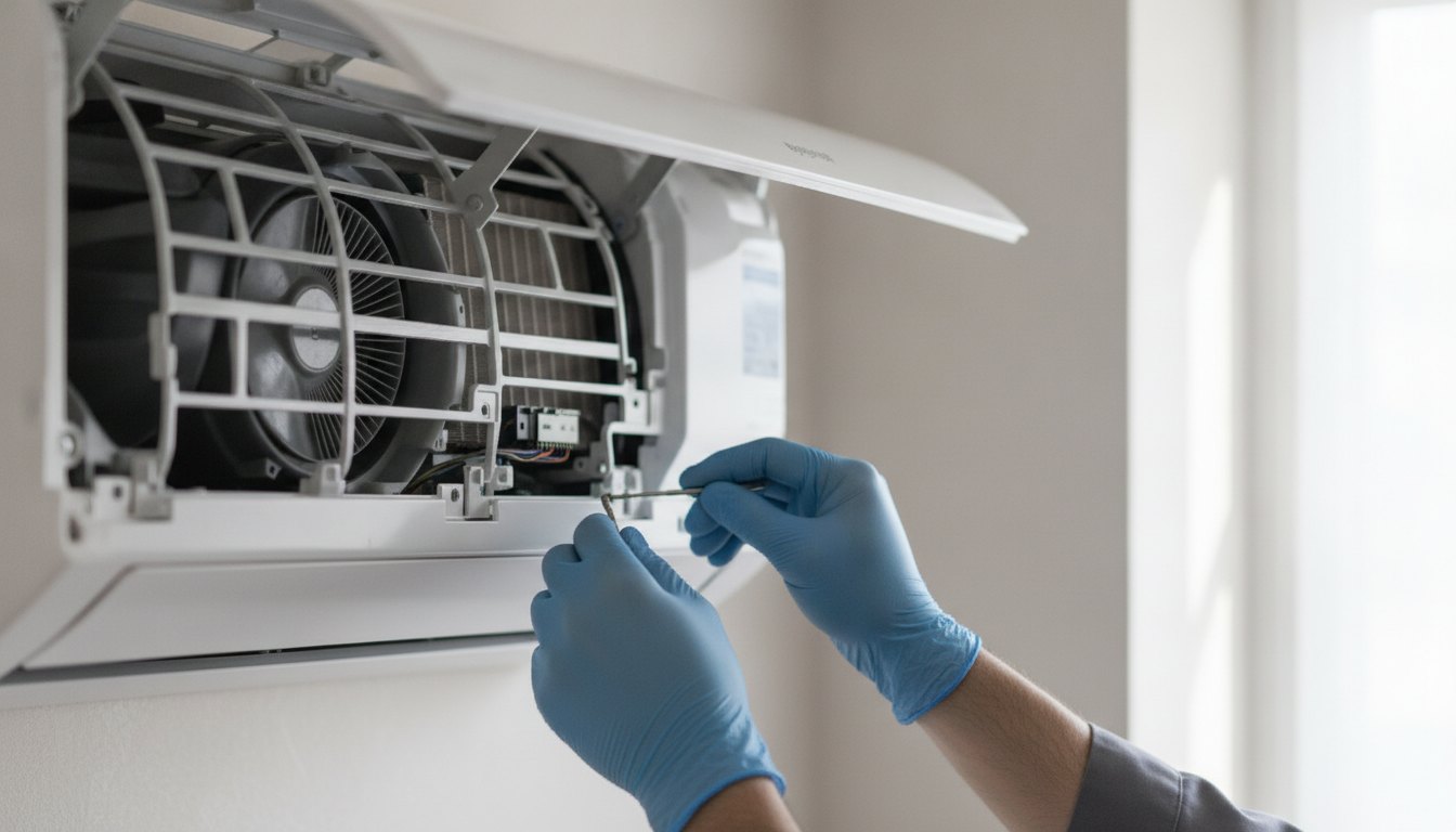 Técnico com luvas inspecionando o painel de um ar-condicionado branco instalado na parede.