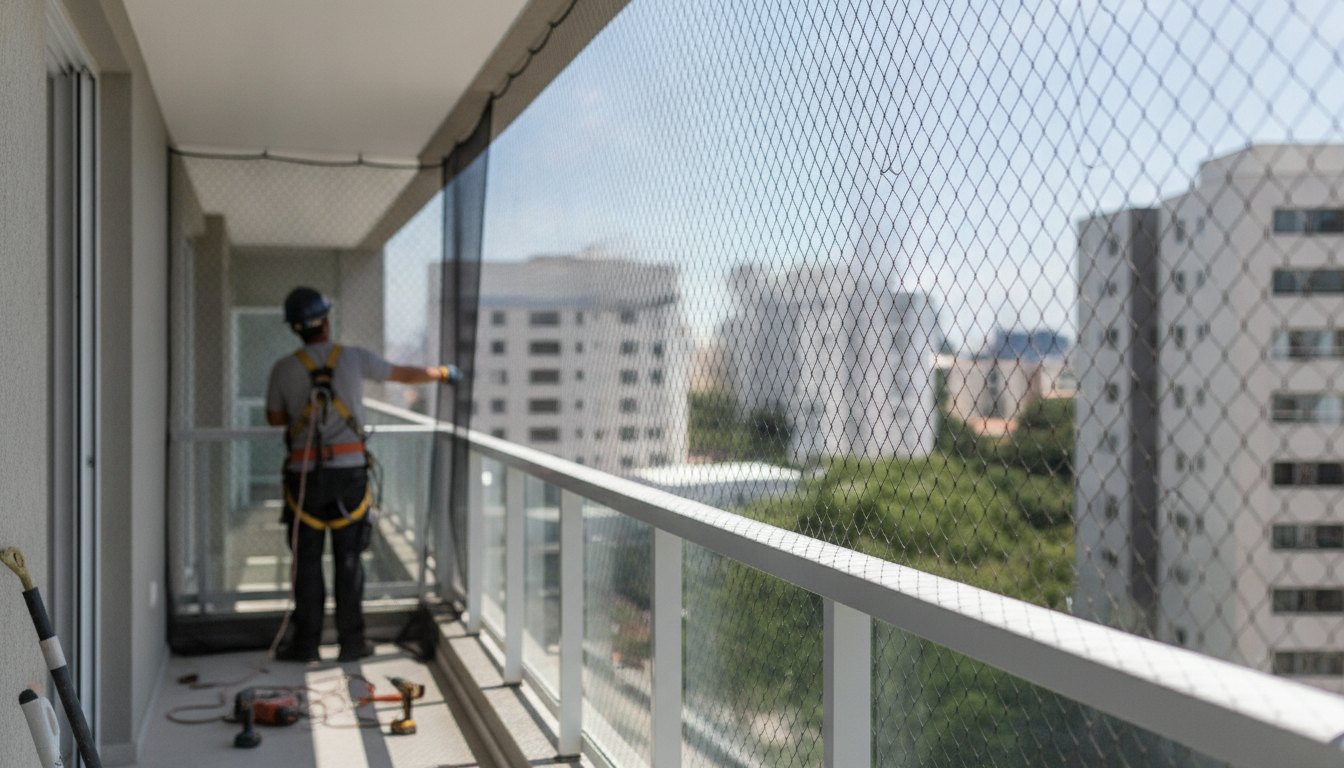 Profissional com equipamento de segurança instalando tela em varanda de apartamento.