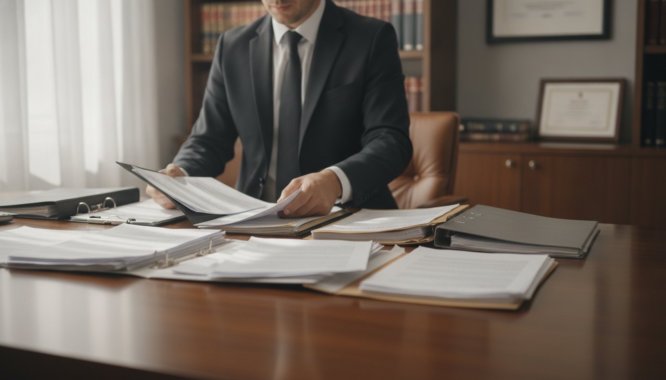 Advogado de terno escuro analisando documentos espalhados em cima de uma mesa de escritório.