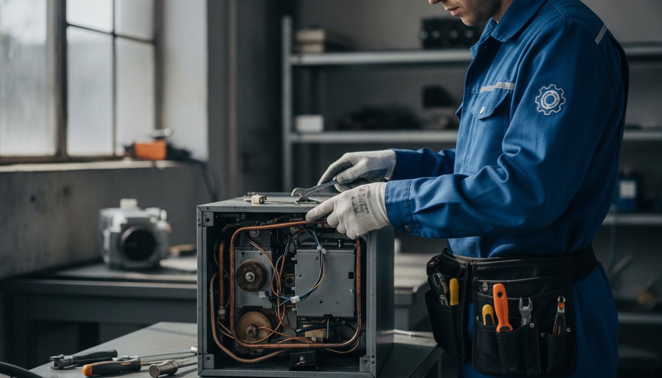 Técnico em refrigeração vestindo uniforme azul enquanto examina o motor de uma geladeira com ferramentas.