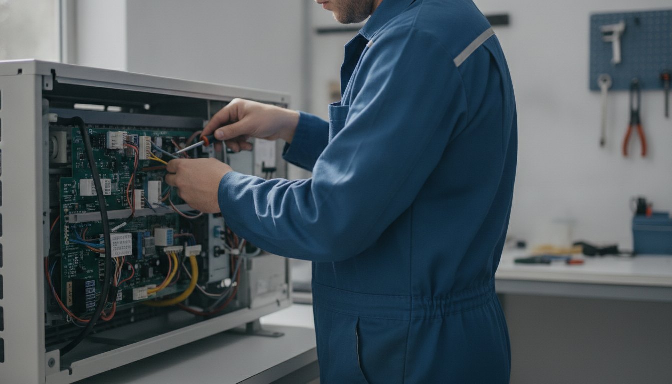 Homem com uniforme de trabalho consertando o painel de um aparelho de ar condicionado.