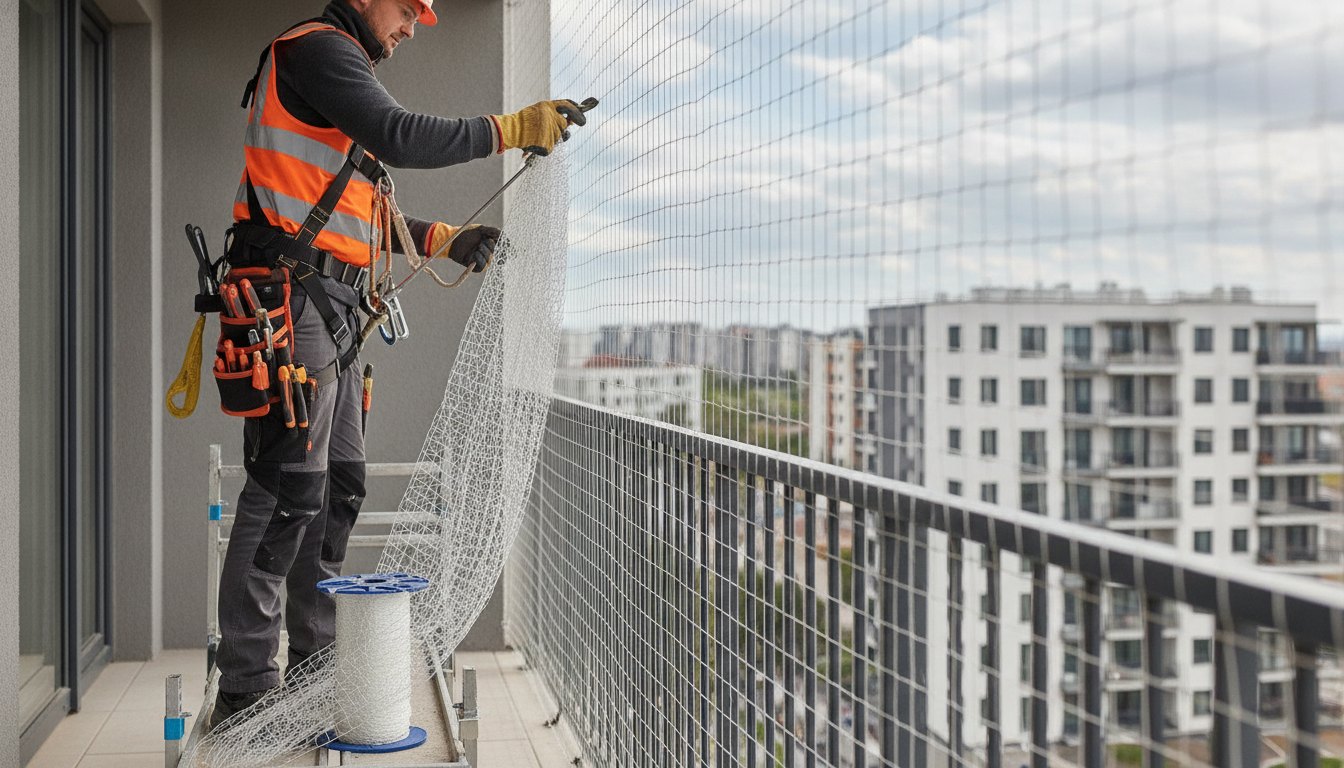 Profissional com equipamentos de segurança instalando rede de proteção em uma sacada de apartamento.