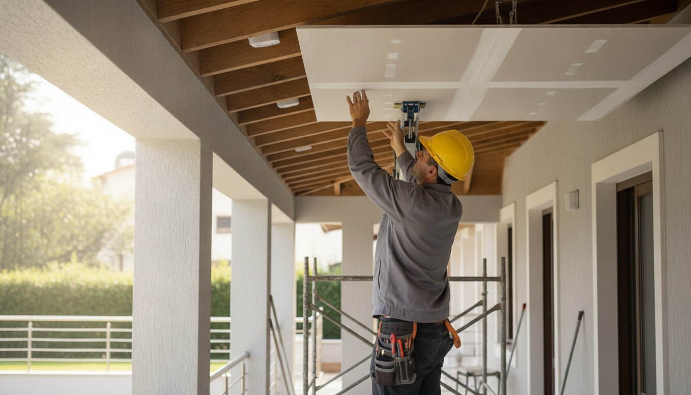 Trabalhador com capacete ajustando placa de gesso no teto de uma varanda residencial