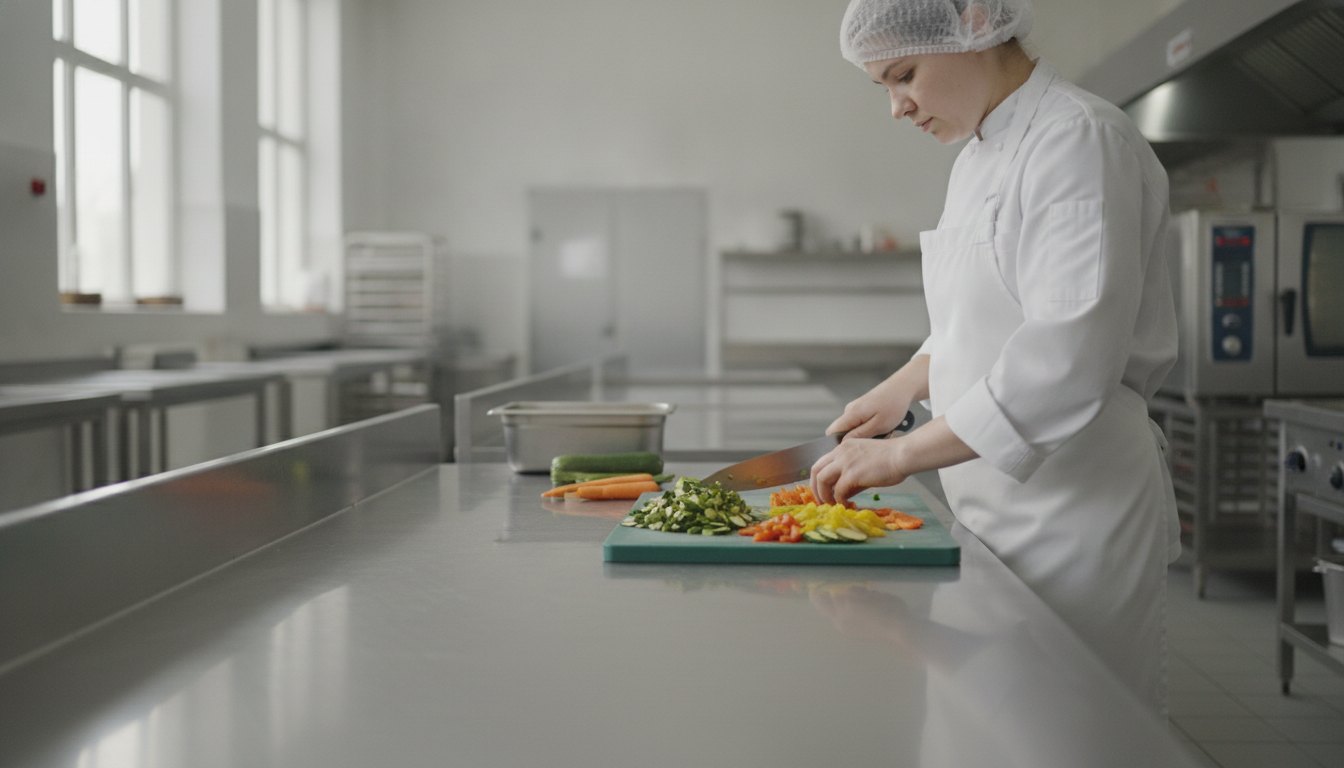 Profissional com avental e touca cortando legumes em uma bancada de aço inoxidável na cozinha industrial.