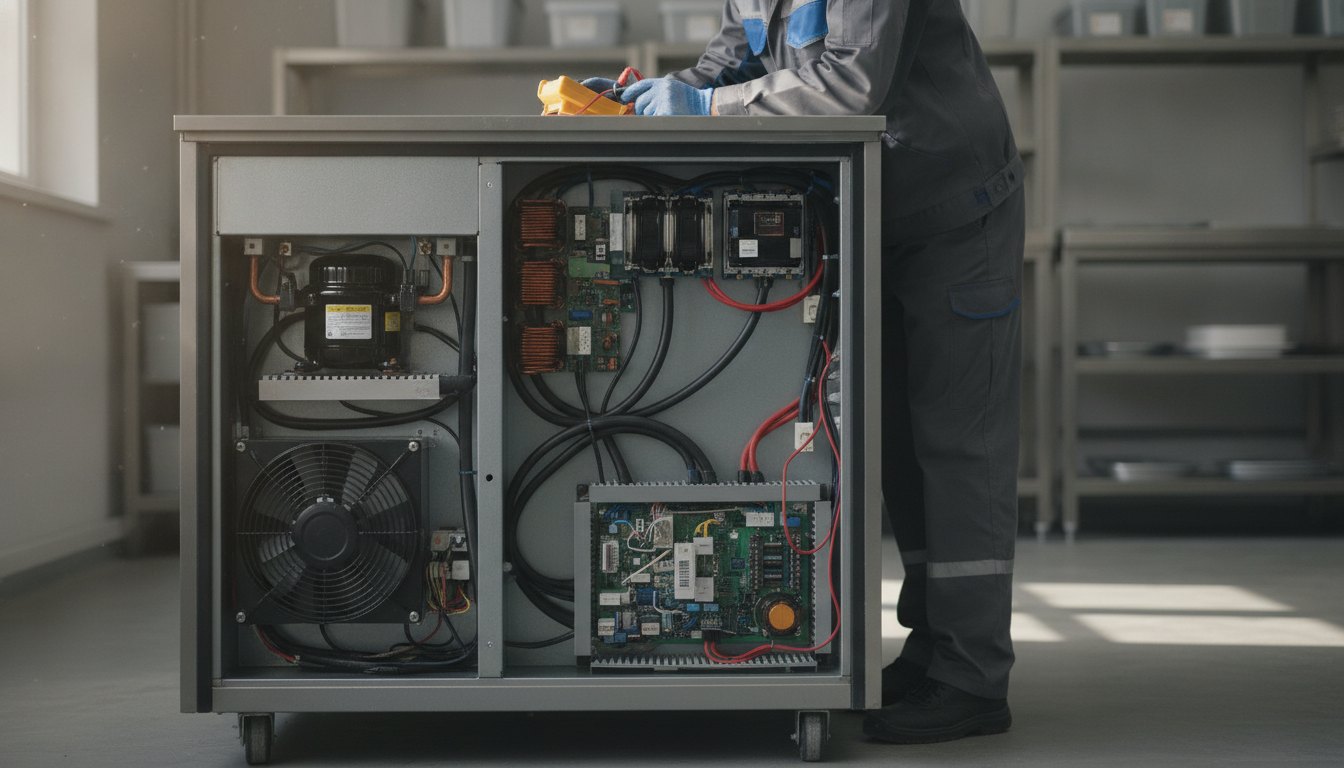 Técnico de uniforme inspeciona os componentes elétricos na parte traseira de um refrigerador
