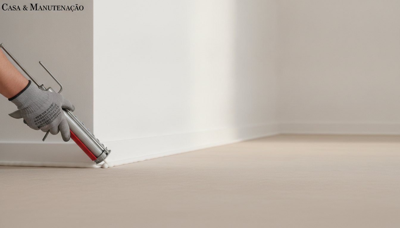 Profissional com luvas aplicando produto no rodapé de uma parede branca em uma sala vazia.