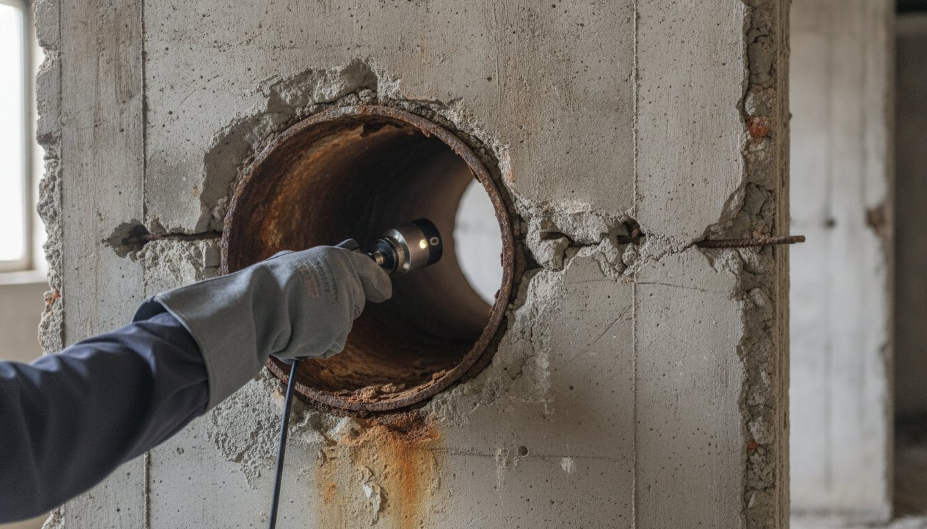 Profissional com luvas de proteção avaliando o interior de um cano metálico oxidado na parede exposta.