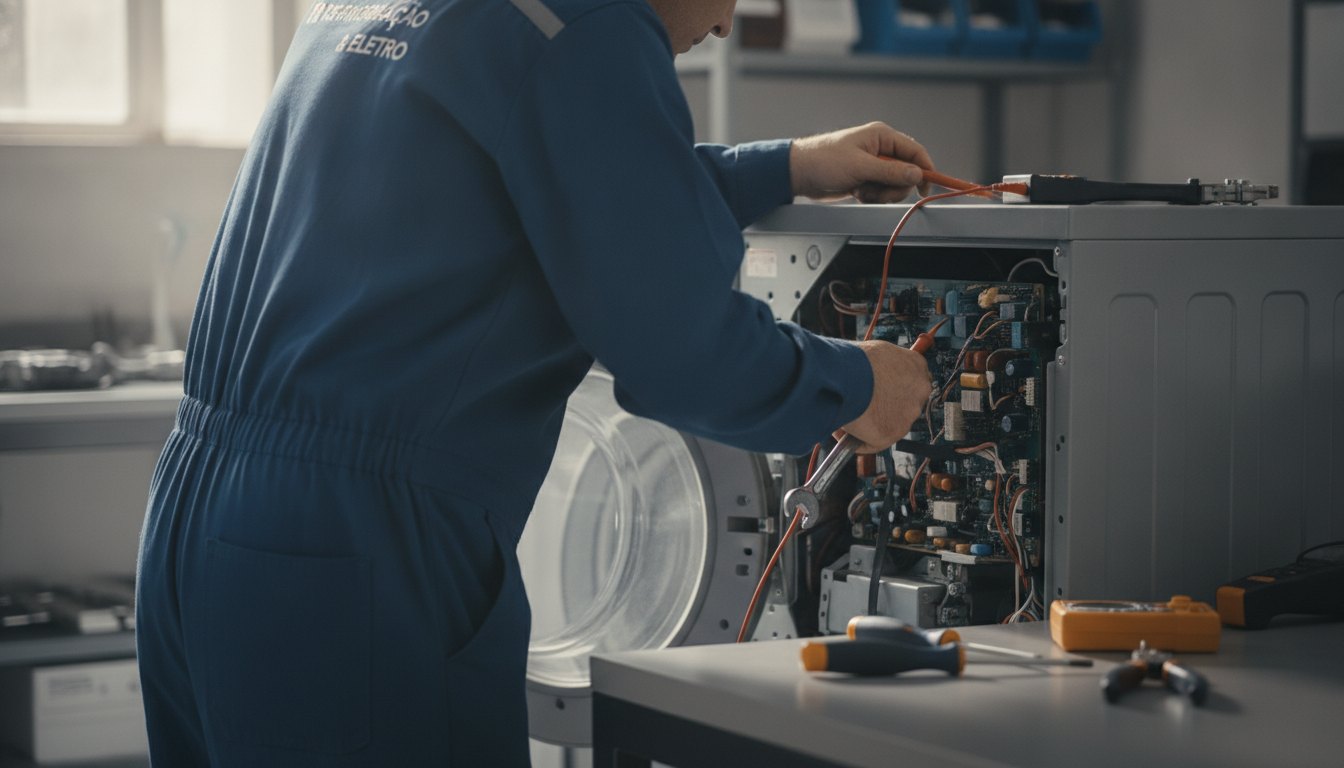 Técnico uniformizado utilizando ferramentas manuais para inspecionar o painel de uma máquina de lavar roupas.