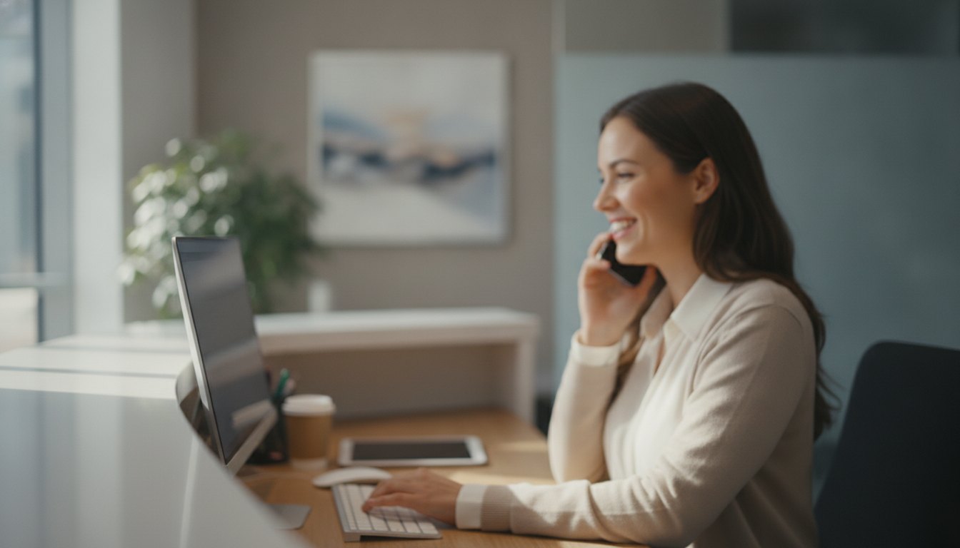 Mulher sorridente atende telefone enquanto digita no computador no balcão de uma clínica.