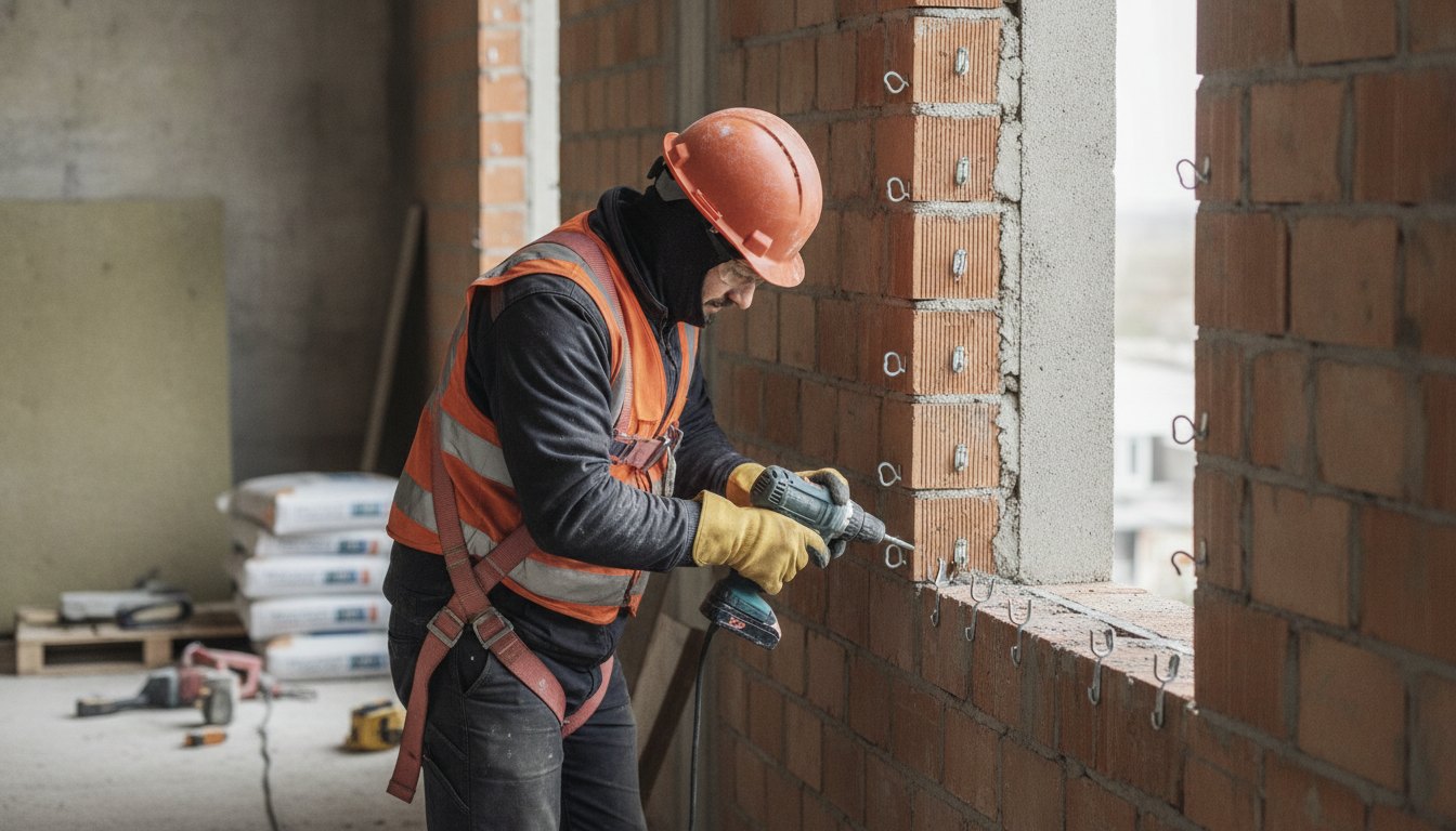 Profissional com equipamento de segurança fixando ganchos na alvenaria ao redor de uma janela residencial.