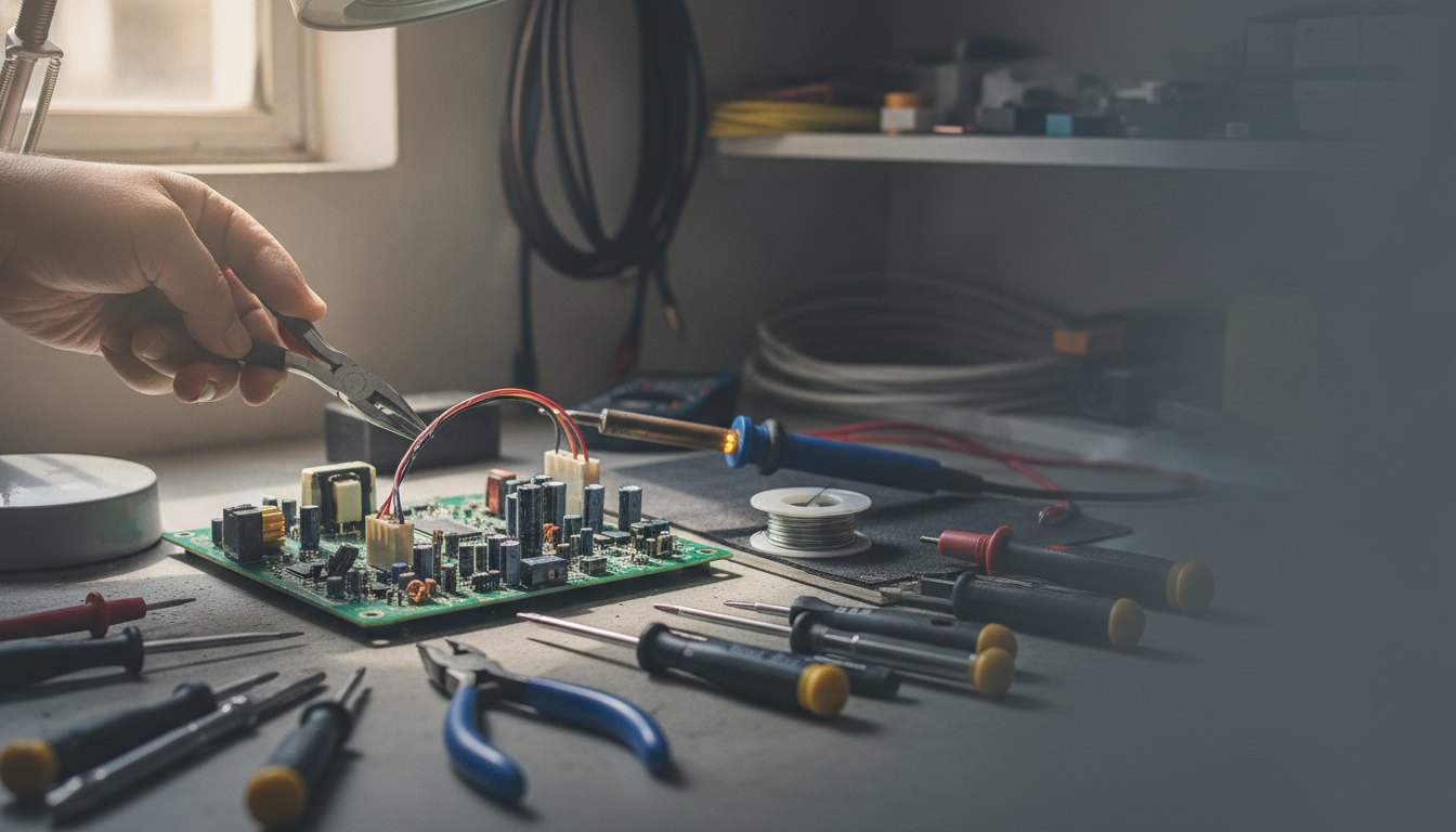 Técnico utilizando ferramentas manuais para consertar a placa de um equipamento eletrônico sobre a bancada.