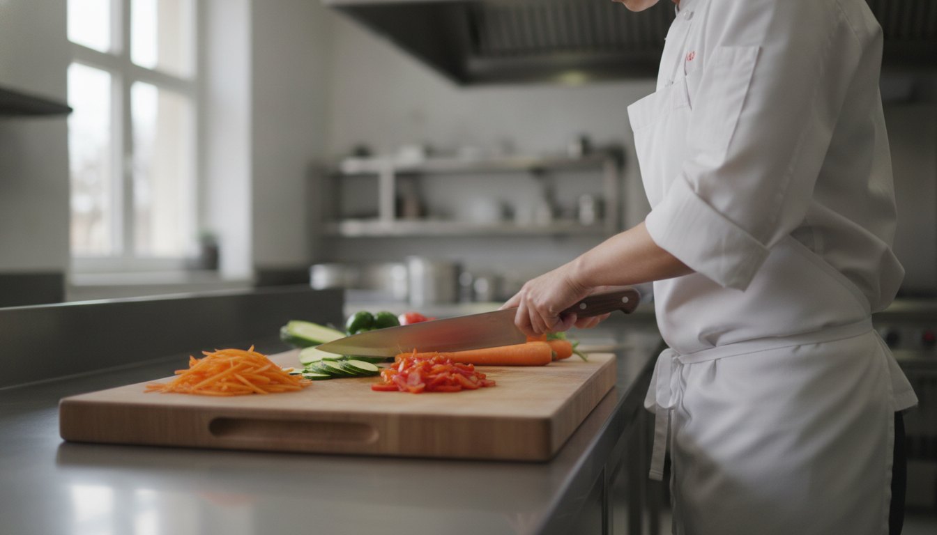 Profissional com avental e touca cortando legumes sobre uma tábua em uma bancada de inox.