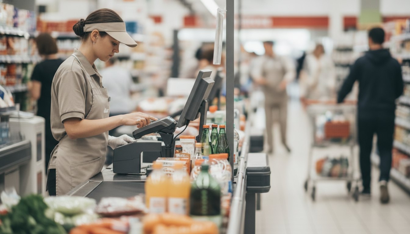 Profissional com uniforme passando produtos no leitor de código de barras em um supermercado movimentado.
