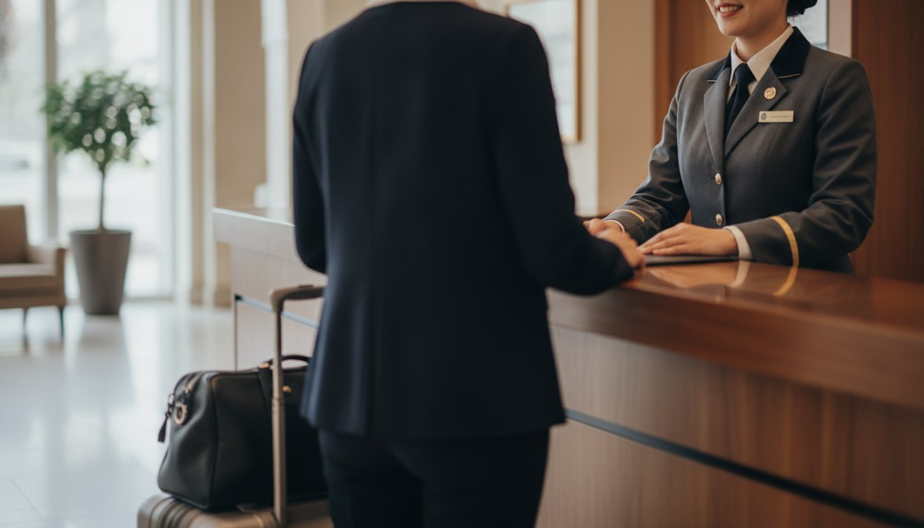 Profissional sorridente de uniforme atrás de um balcão de hotel atendendo um hóspede com bagagem.